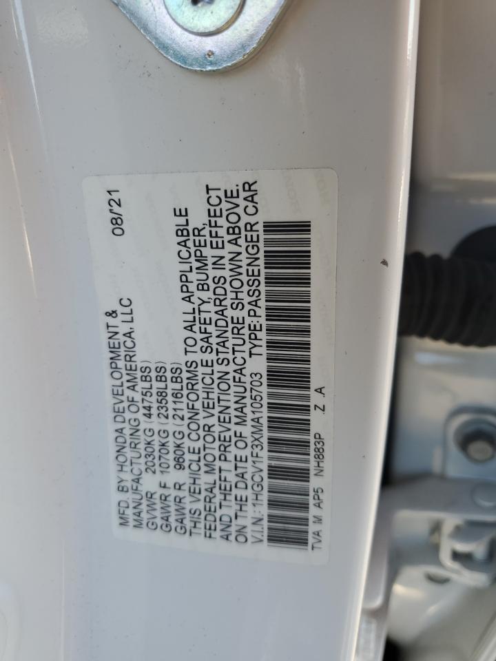 2021 Honda Accord Sport VIN: 1HGCV1F3XMA105703 Lot: 93410715