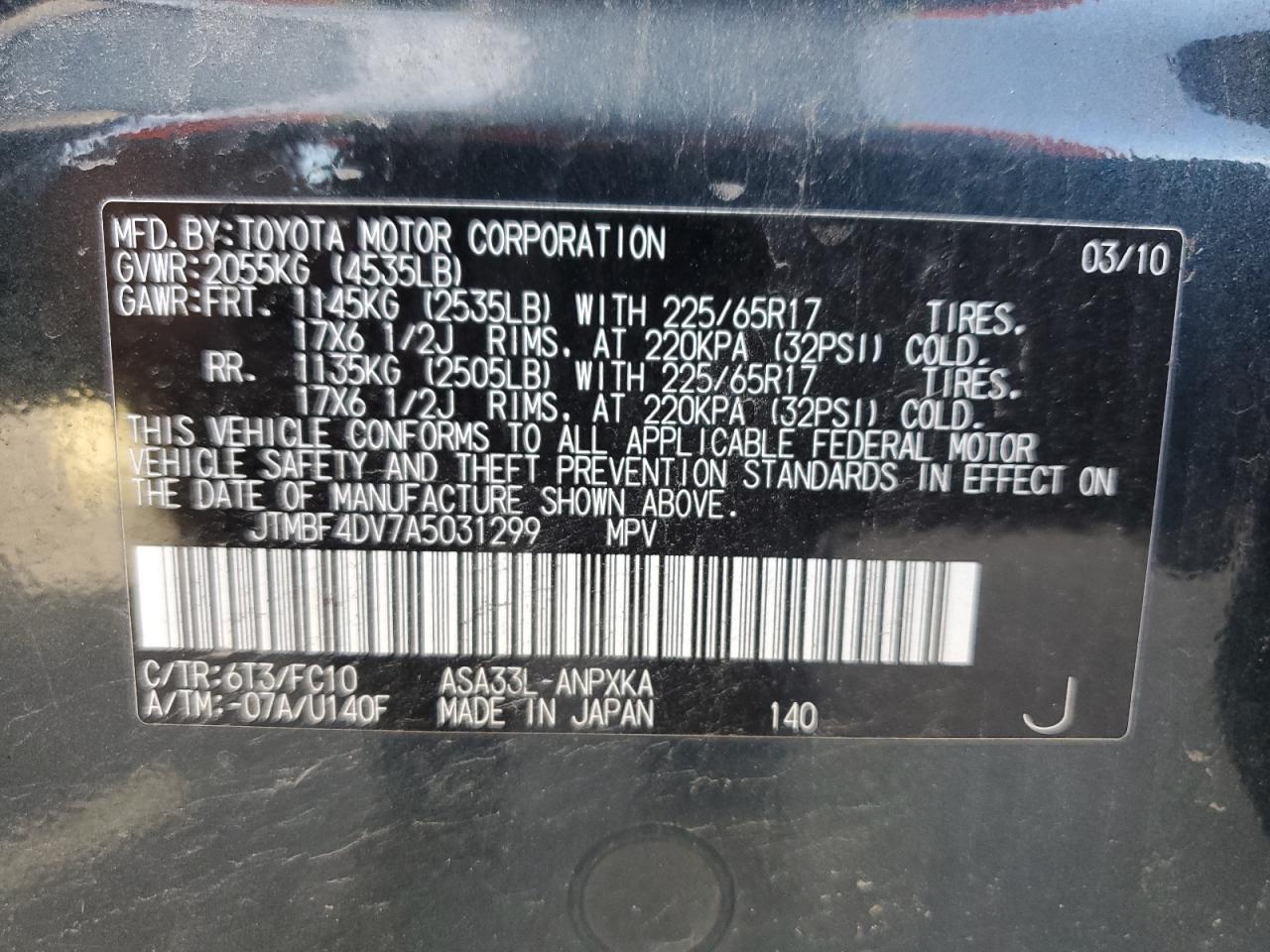 2010 Toyota Rav4 VIN: JTMBF4DV7A5031299 Lot: 91597175