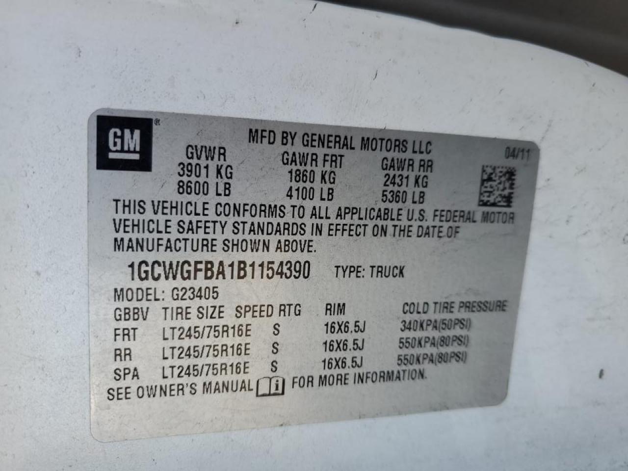 2011 Chevrolet Express 2500 Delivery Van VIN: 1GCWGFBA1B1154390 Lot: 91131255