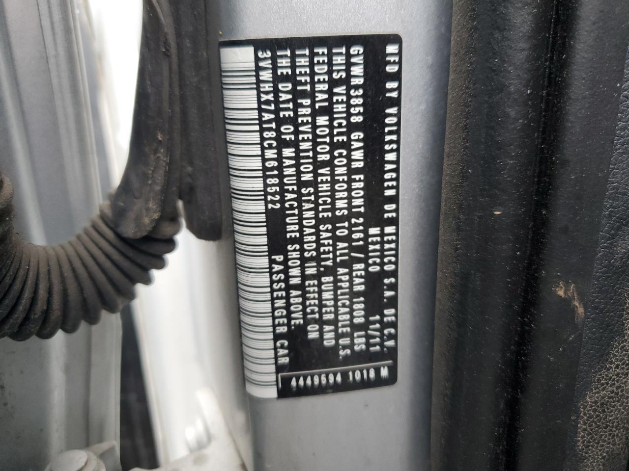 2012 Volkswagen Beetle VIN: 3VWHX7AT8CM618522 Lot: 93694685