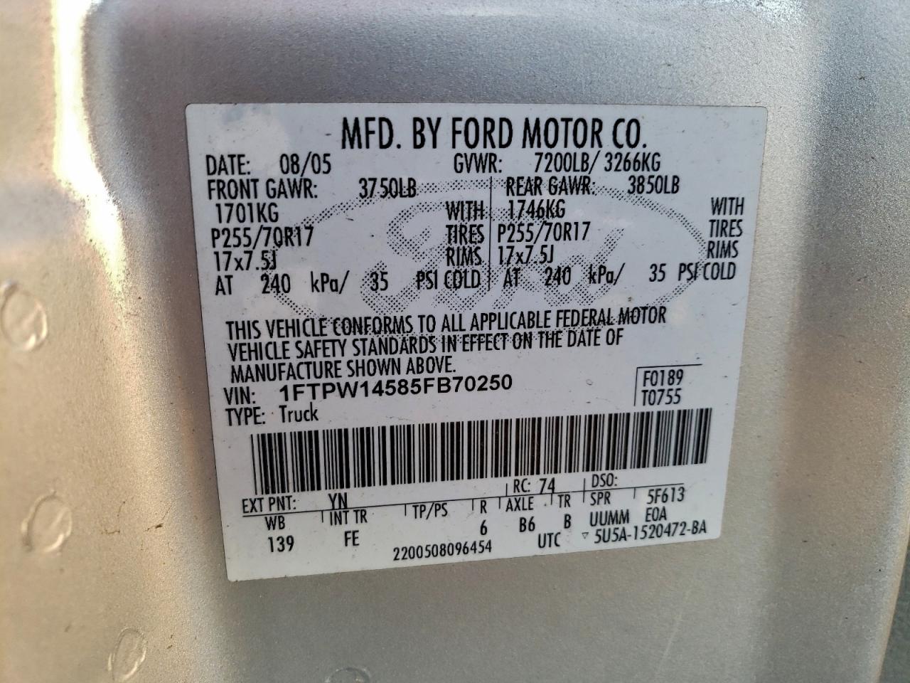 2005 Ford F150 Supercrew VIN: 1FTPW14585FB70250 Lot: 93889635