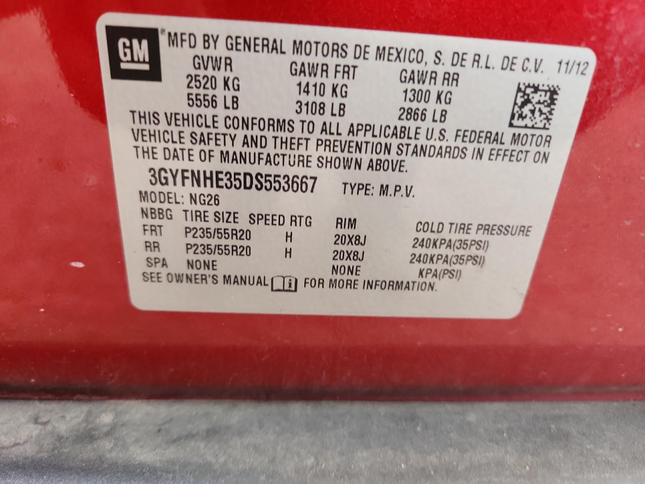 2013 Cadillac Srx Performance Collection VIN: 3GYFNHE35DS553667 Lot: 92187705