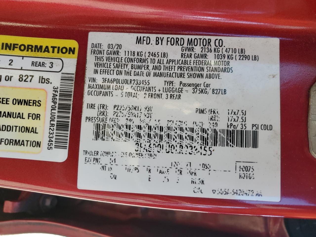 2020 Ford Fusion Se VIN: 3FA6P0LU0LR233455 Lot: 91820125