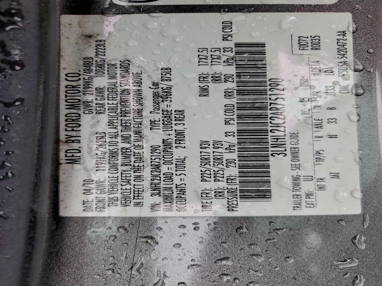 2010 Lincoln Mkz VIN: 3LNHL2JC2AR751290 Lot: 94065765