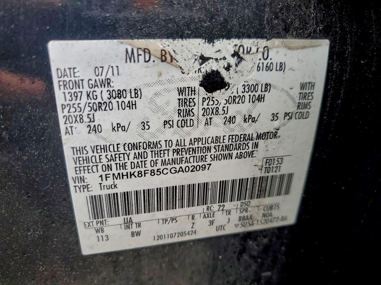 2012 Ford Explorer Limited VIN: 1FMHK8F85CGA02097 Lot: 94435595