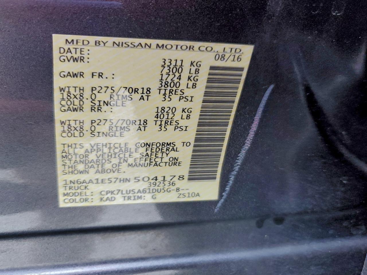 2017 Nissan Titan Sv VIN: 1N6AA1E57HN504178 Lot: 93763325