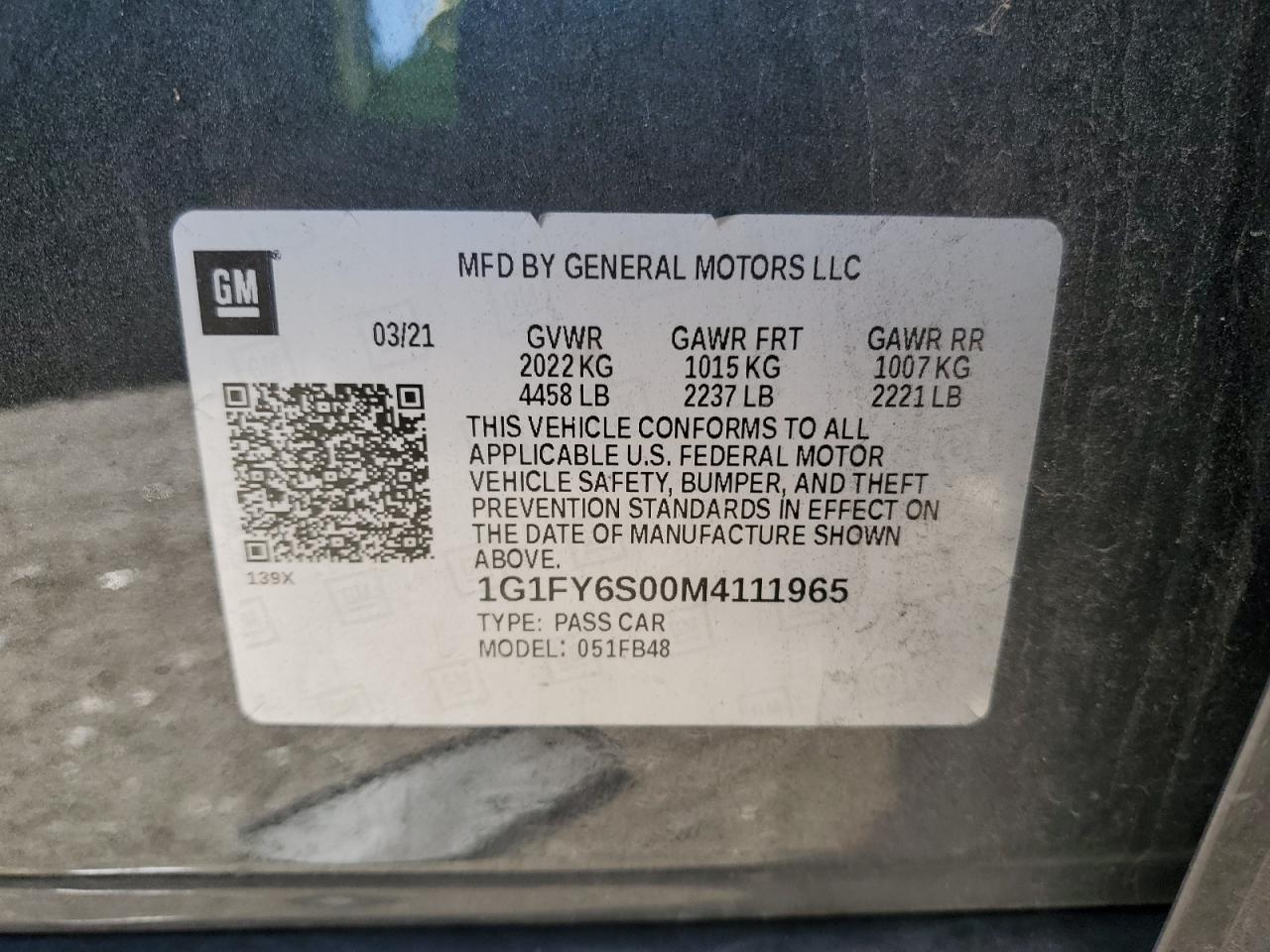 2021 Chevrolet Bolt Ev Lt VIN: 1G1FY6S00M4111965 Lot: 91524395