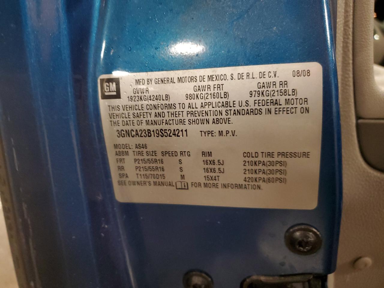 2009 Chevrolet Hhr Lt VIN: 3GNCA23B19S524211 Lot: 91327295