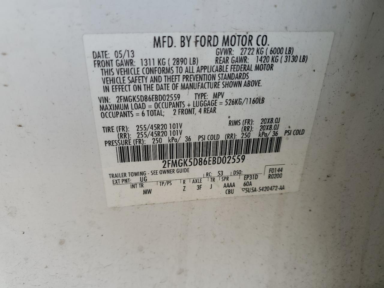 2014 Ford Flex Limited VIN: 2FMGK5D86EBD02559 Lot: 91173825