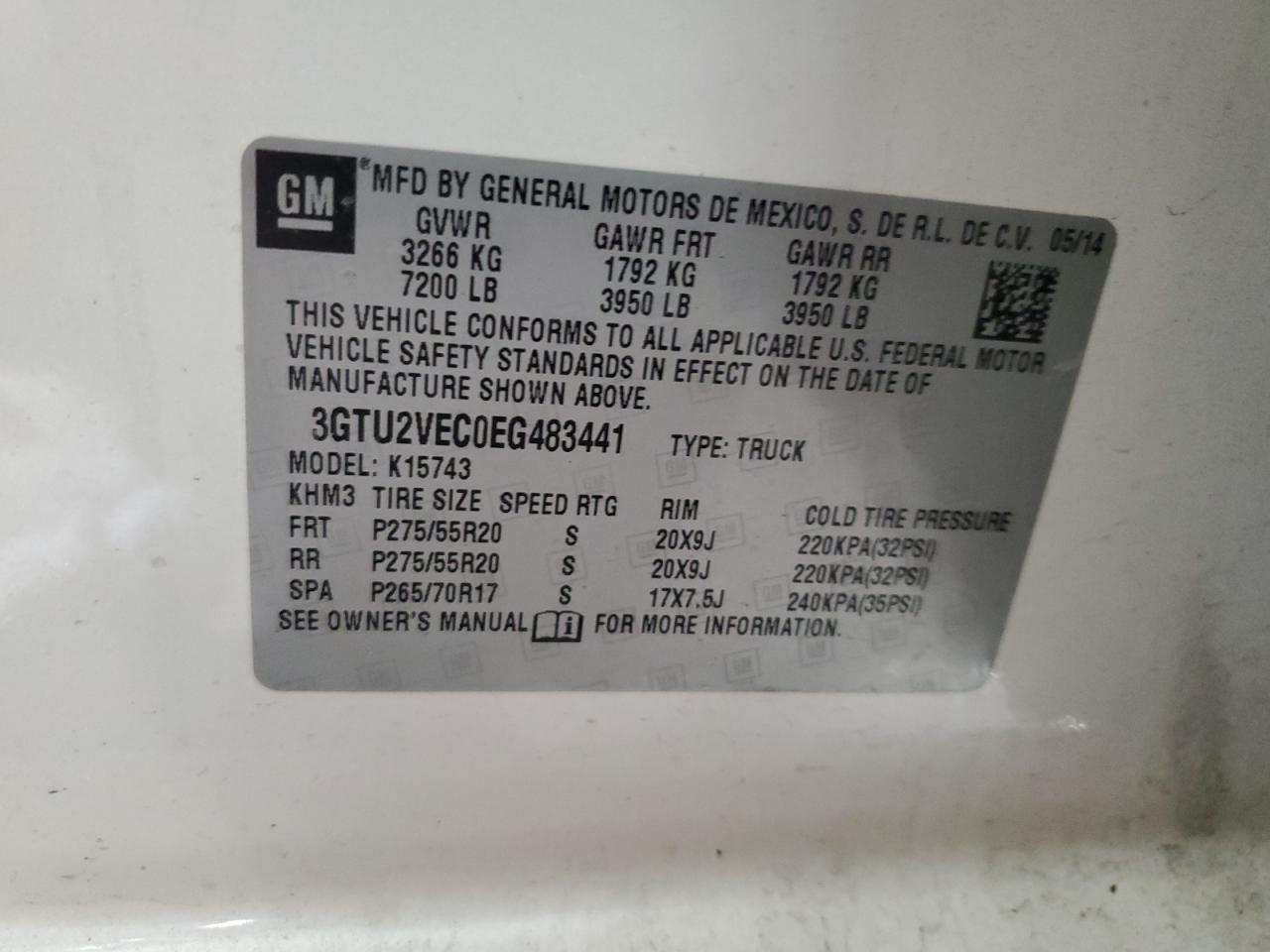 2014 GMC Sierra K1500 Slt VIN: 3GTU2VEC0EG483441 Lot: 92634735