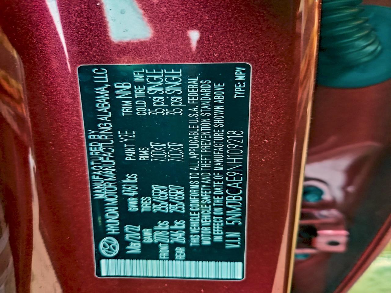 2022 Hyundai Tucson Sel VIN: 5NMJBCAE9NH109218 Lot: 93941285