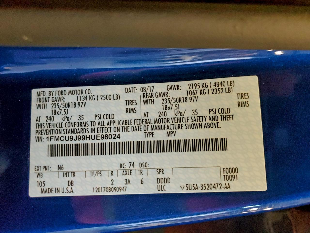 2017 Ford Escape Titanium VIN: 1FMCU9J99HUE98024 Lot: 93474425