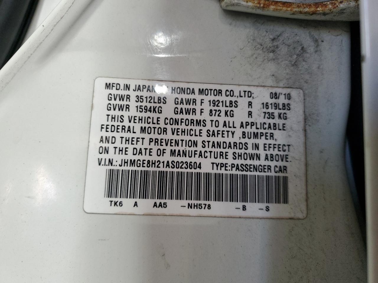 2010 Honda Fit VIN: JHMGE8H21AS023604 Lot: 93044565