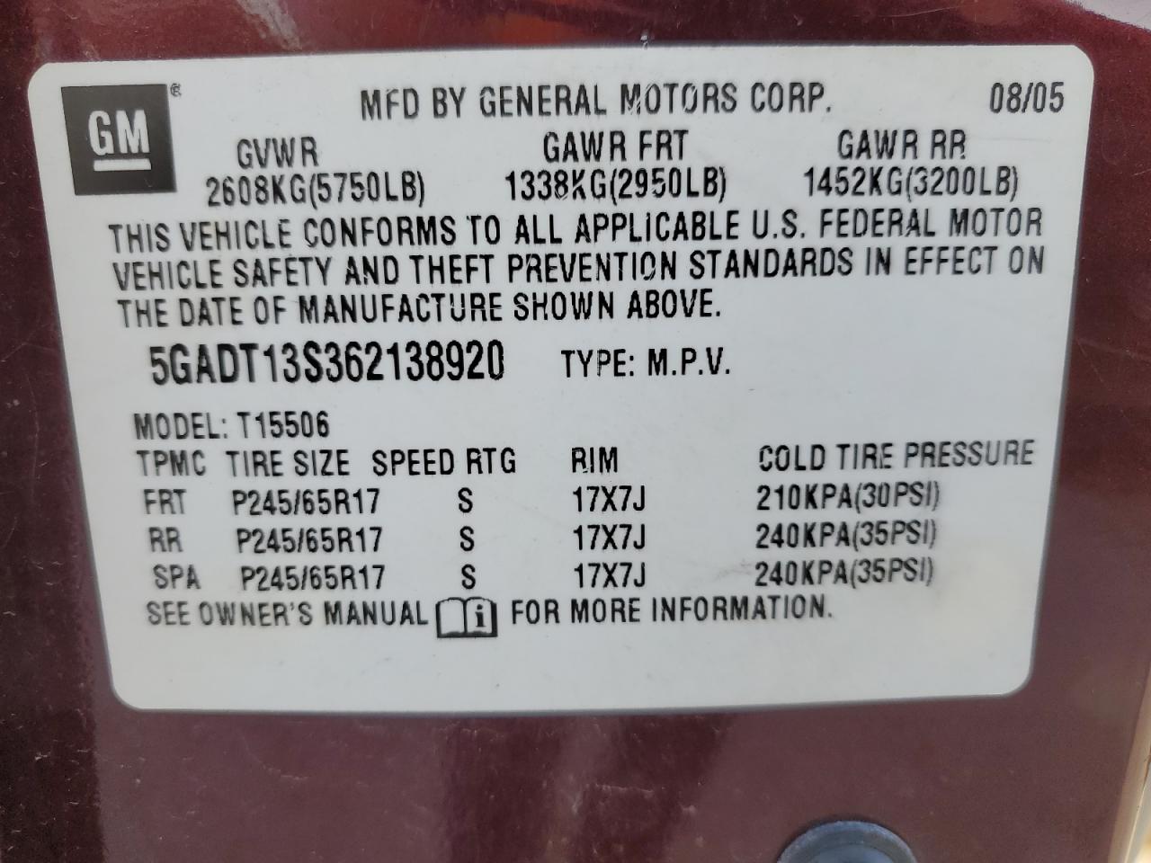 2006 Buick Rainier Cxl VIN: 5GADT13S362138920 Lot: 92304205