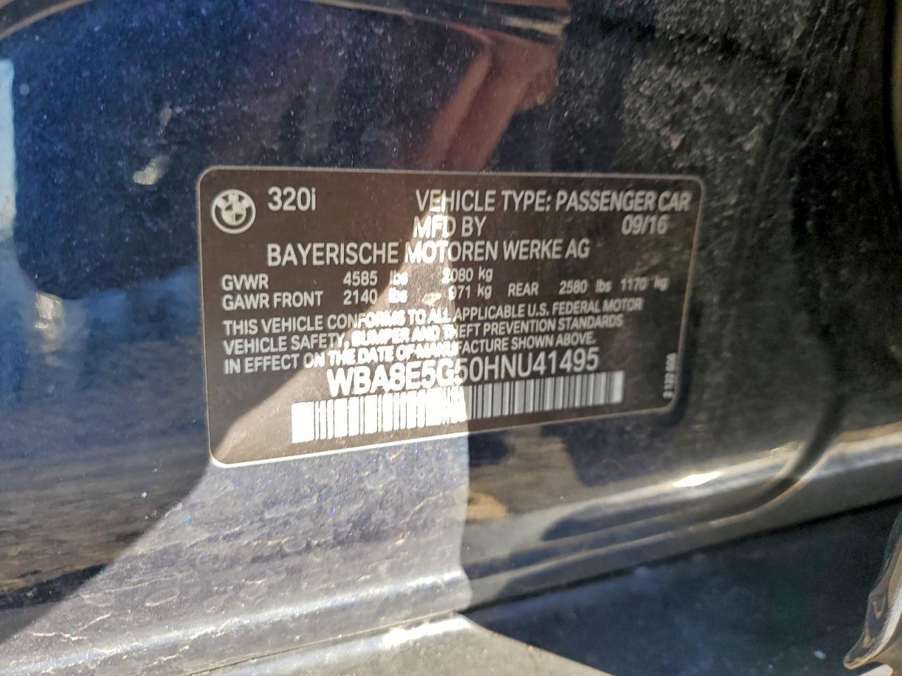 2017 BMW 320 Xi VIN: WBA8E5G50HNU41495 Lot: 94322485