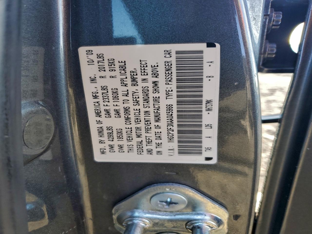 2010 Honda Accord Lx VIN: 1HGCP2F3XAA045966 Lot: 93769385