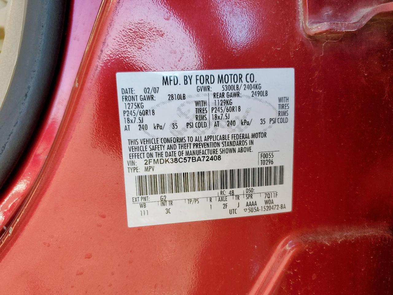 2007 Ford Edge Sel VIN: 2FMDK38C57BA72408 Lot: 91228845