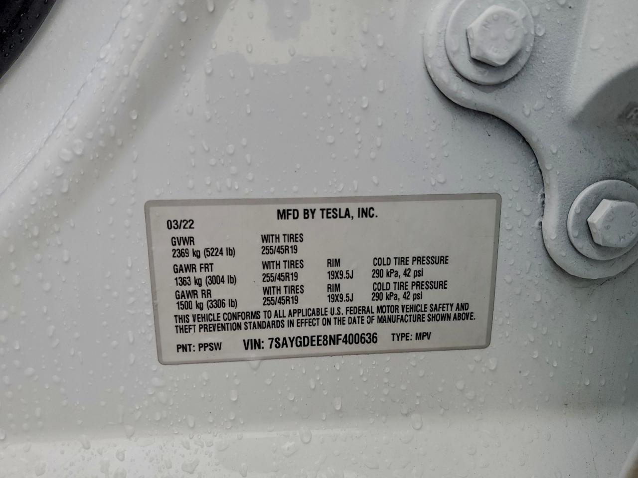 2022 Tesla Model Y VIN: 7SAYGDEE8NF400636 Lot: 94440925