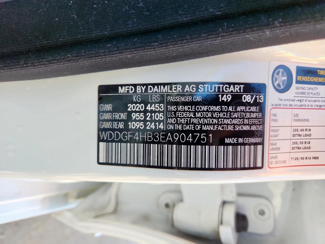 2014 Mercedes-Benz C 250 VIN: WDDGF4HB3EA904751 Lot: 91128505