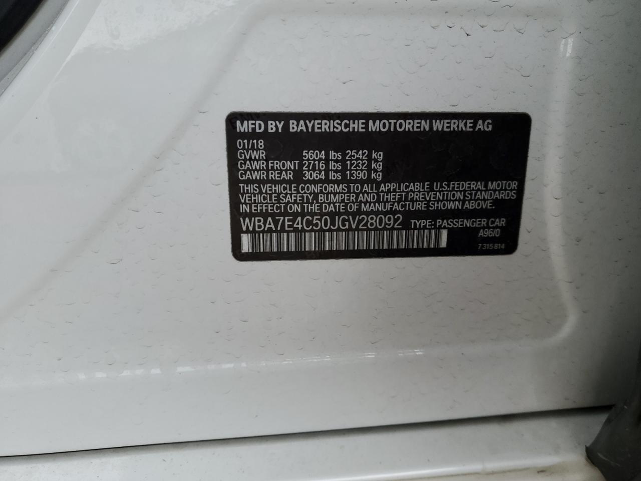 2018 BMW 740 Xi VIN: WBA7E4C50JGV28092 Lot: 93741775