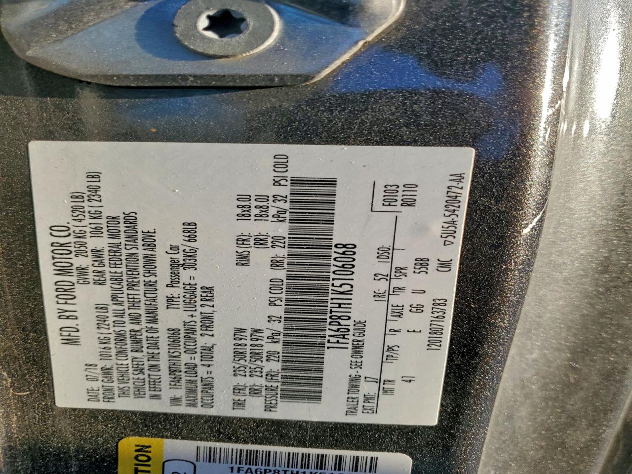 2019 Ford Mustang VIN: 1FA6P8TH1K5106068 Lot: 92184915