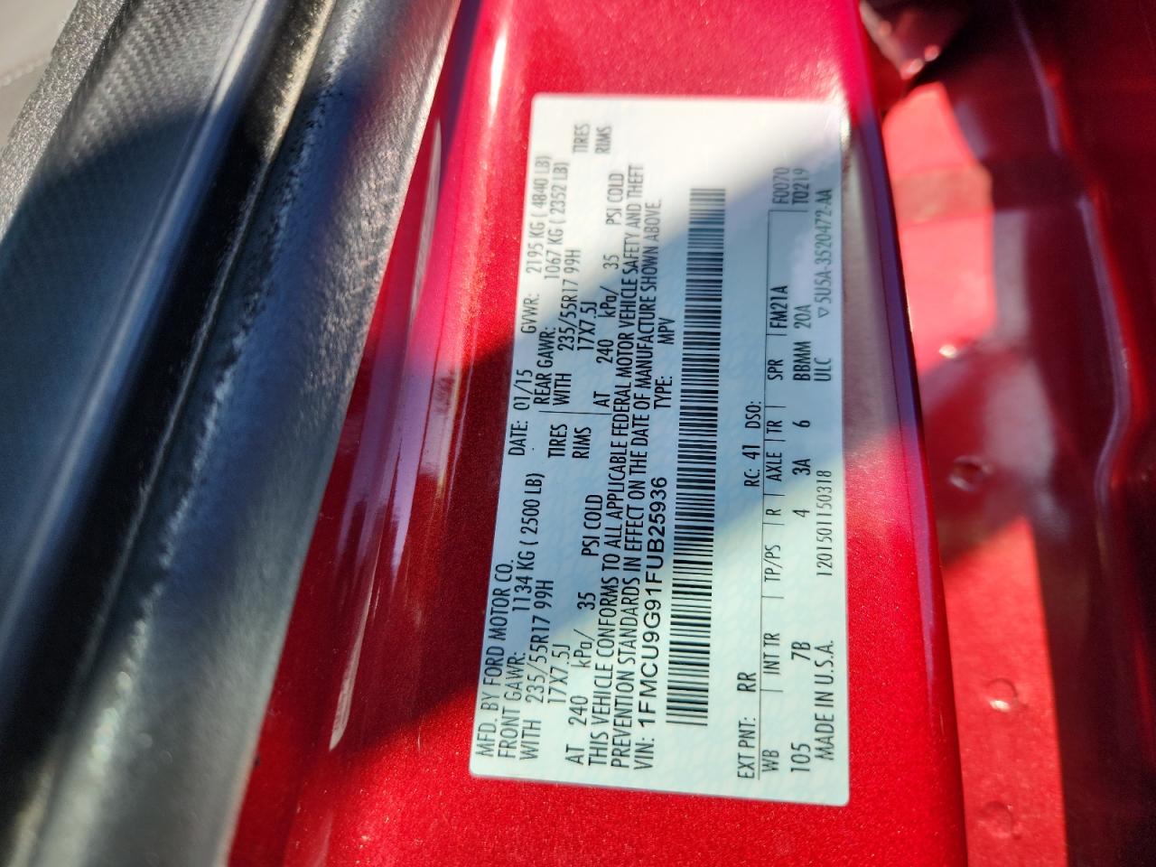 2015 Ford Escape Se VIN: 1FMCU9G91FUB25936 Lot: 92492265