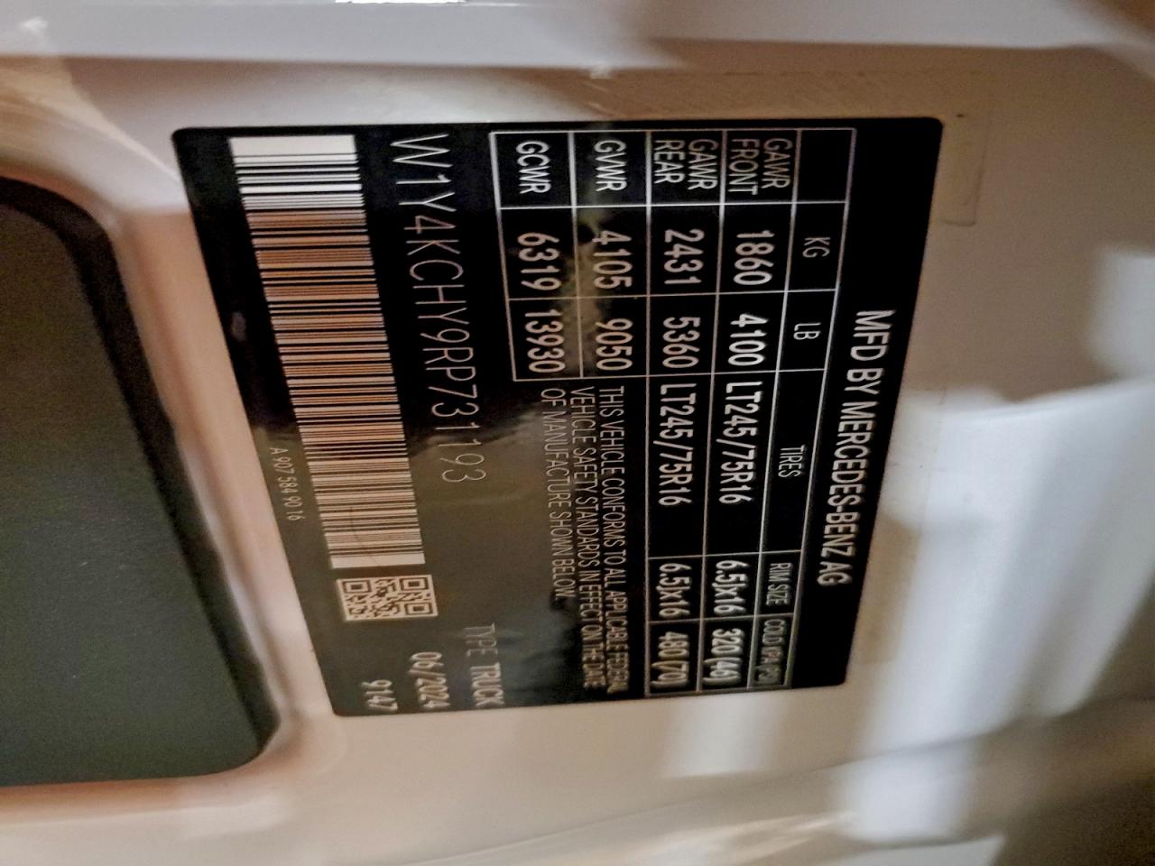 2024 Mercedes-Benz Sprinter 2500 VIN: W1Y4KCHY9RP731193 Lot: 94311325