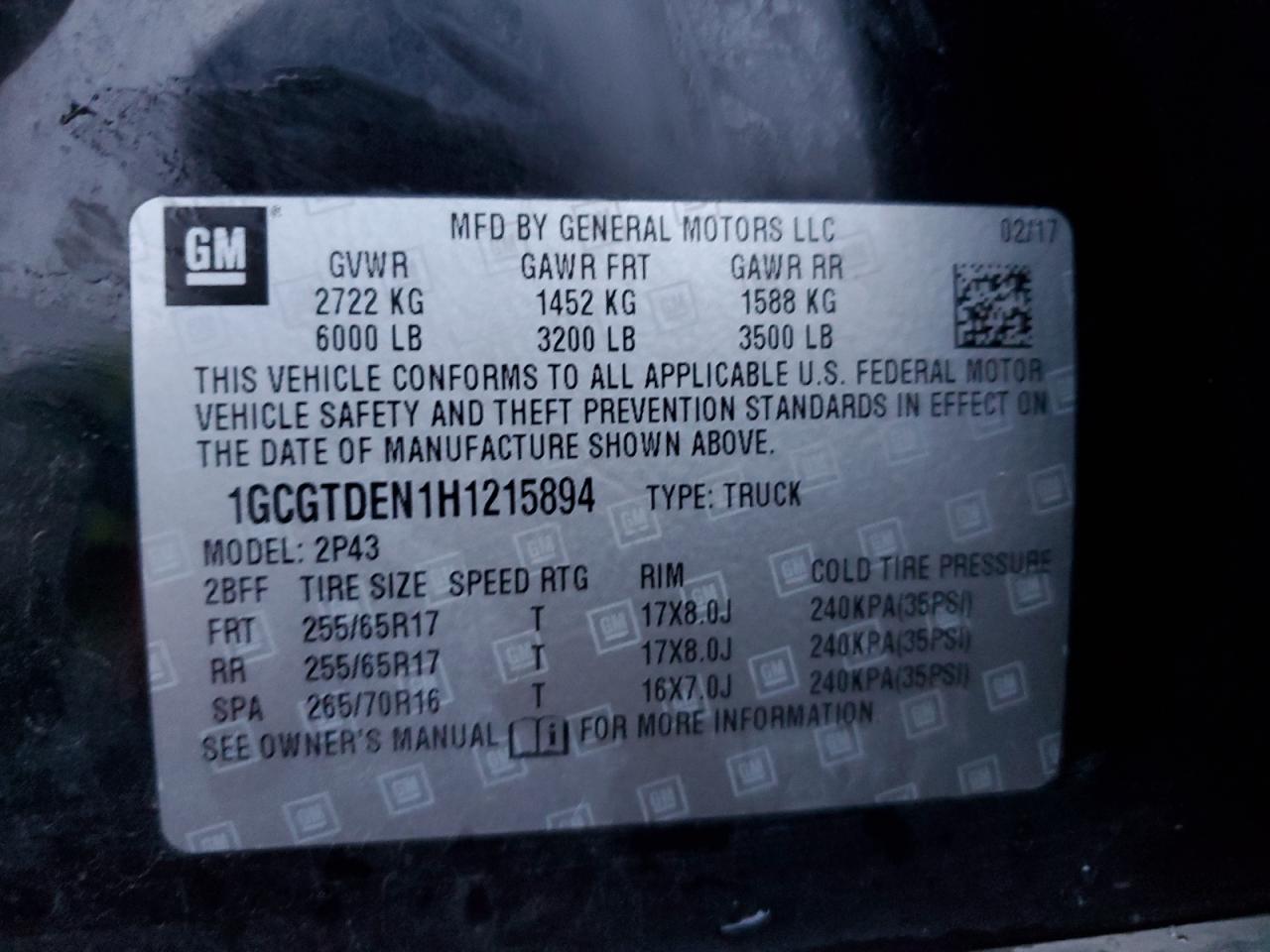 2017 Chevrolet Colorado Z71 VIN: 1GCGTDEN1H1215894 Lot: 94100115