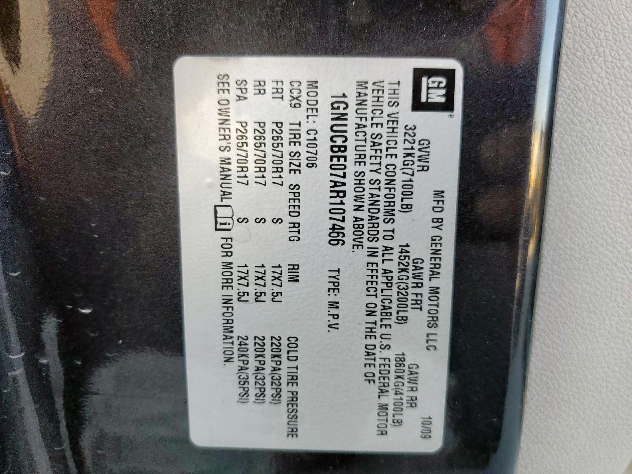 2010 Chevrolet Tahoe C1500 Lt VIN: 1GNUCBE07AR107466 Lot: 93136205