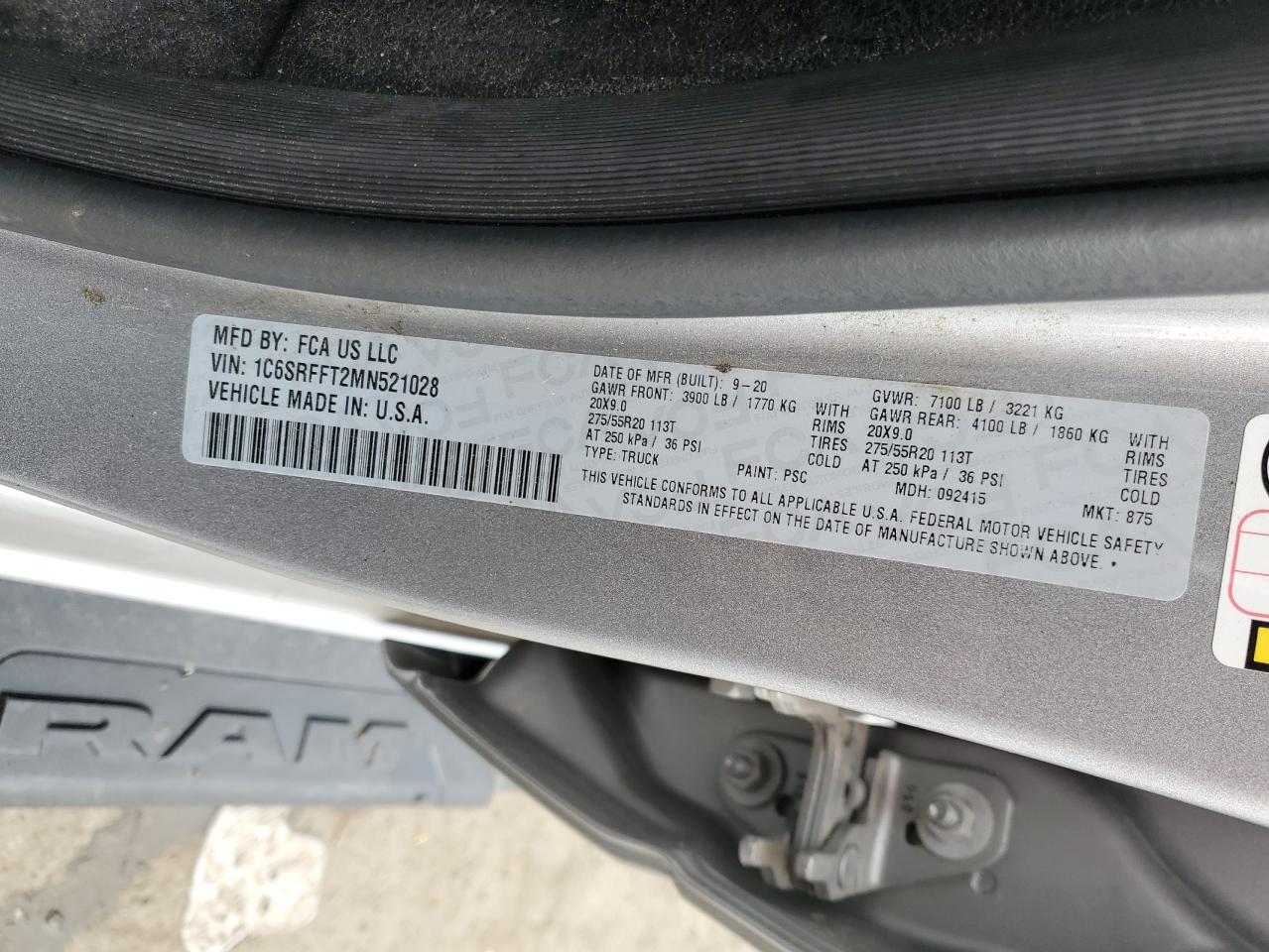 2021 Ram 1500 Big Horn/Lone Star VIN: 1C6SRFFT2MN521028 Lot: 90302245