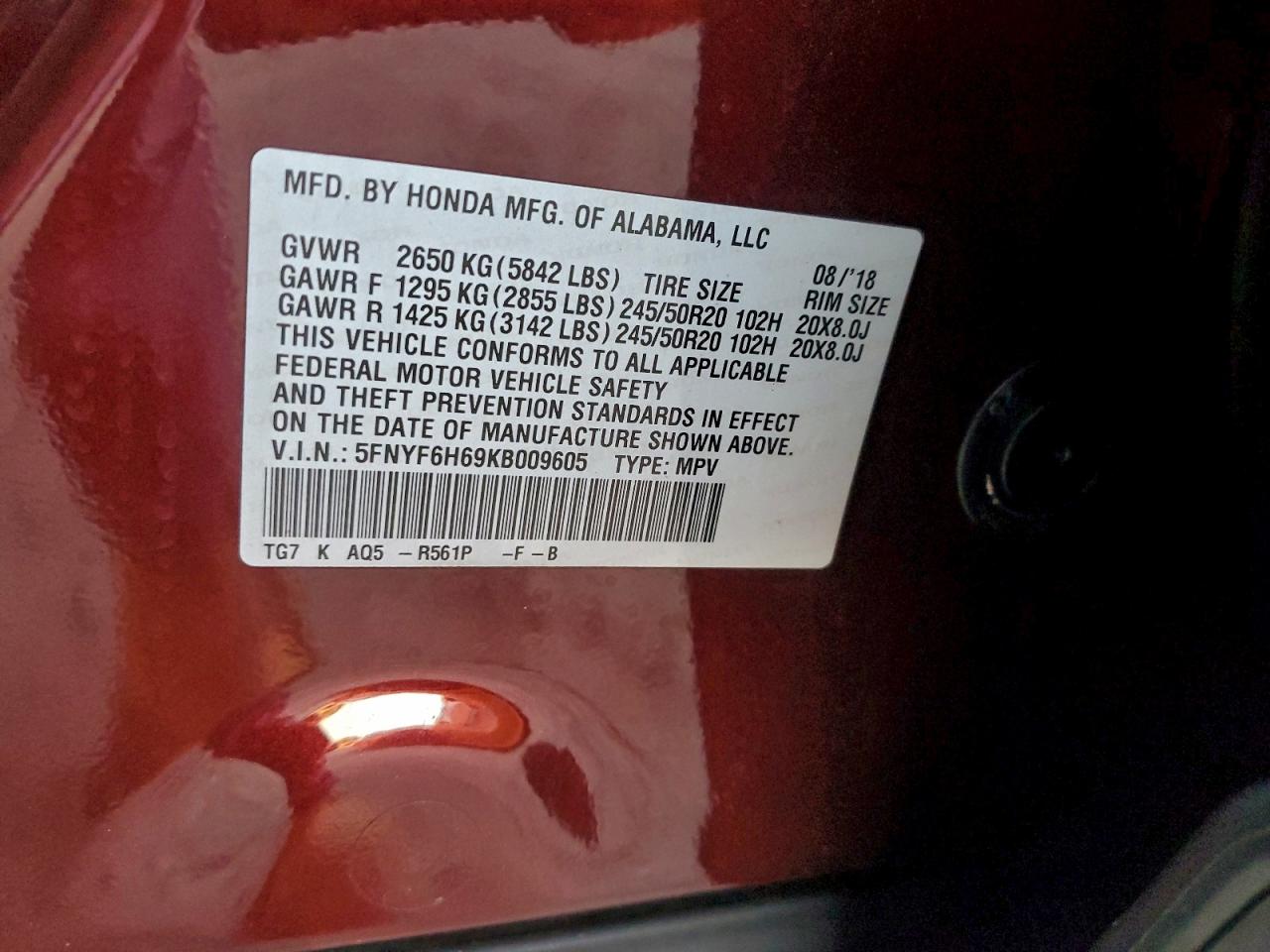 2019 Honda Pilot Touring VIN: 5FNYF6H69KB009605 Lot: 94126675