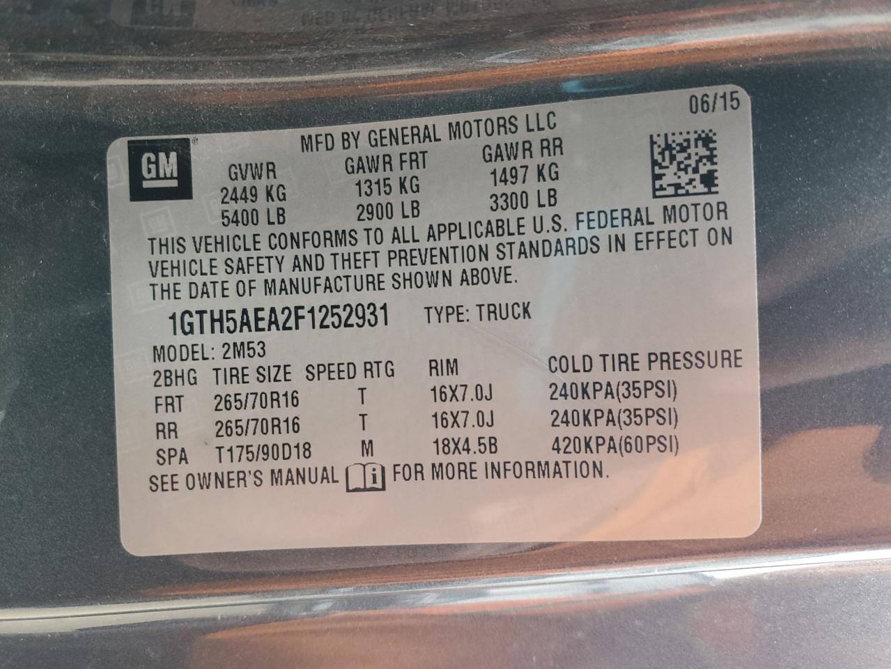 2015 GMC Canyon VIN: 1GTH5AEA2F1252931 Lot: 93471115