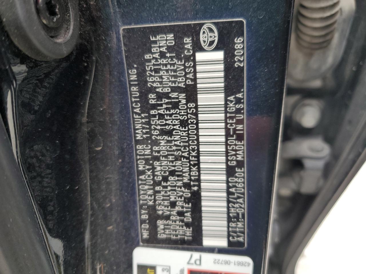 2012 Toyota Camry Se VIN: 4T1BK1FK3CU003758 Lot: 92234635