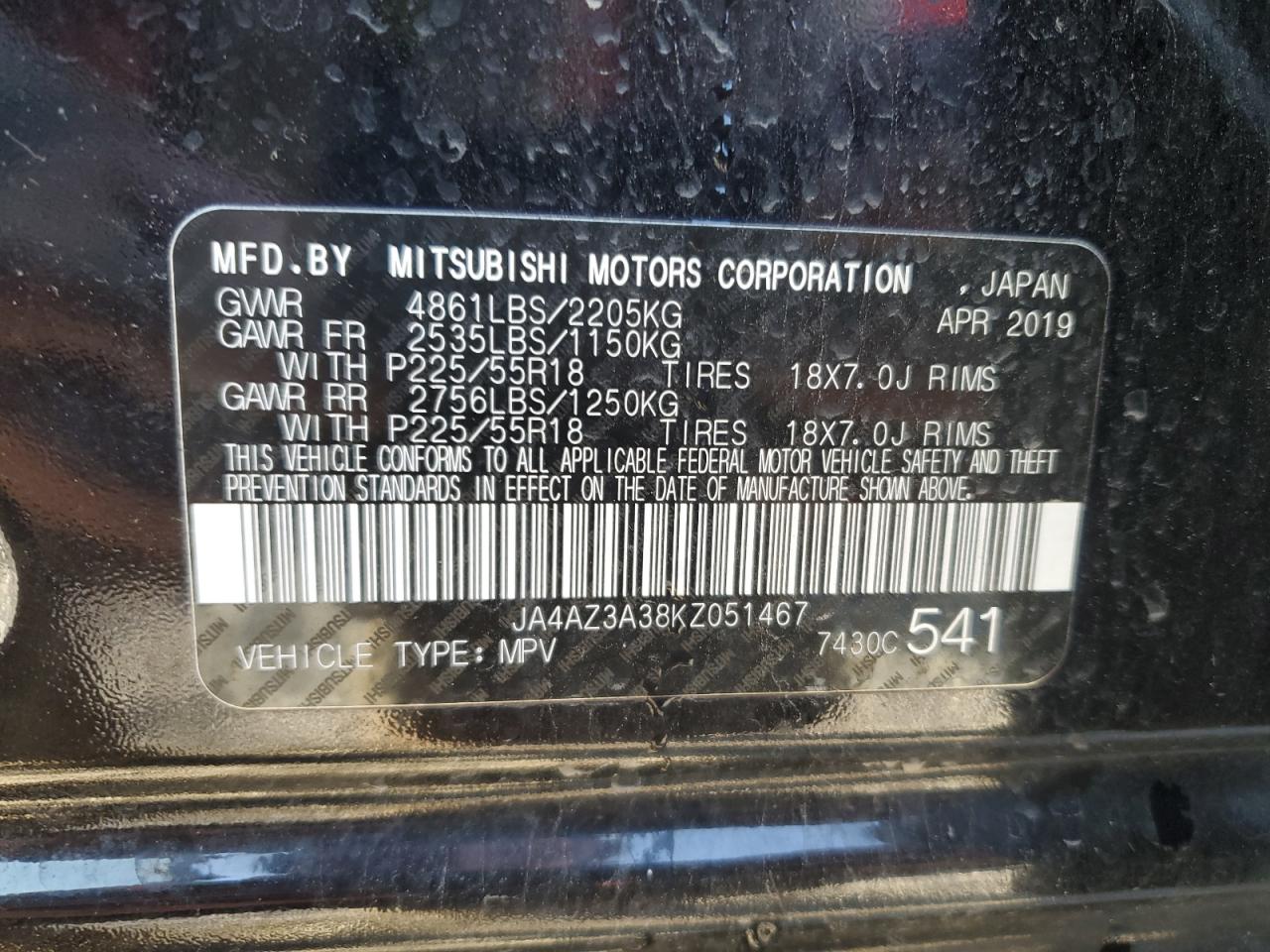 2019 Mitsubishi Outlander Se VIN: JA4AZ3A38KZ051467 Lot: 91211245