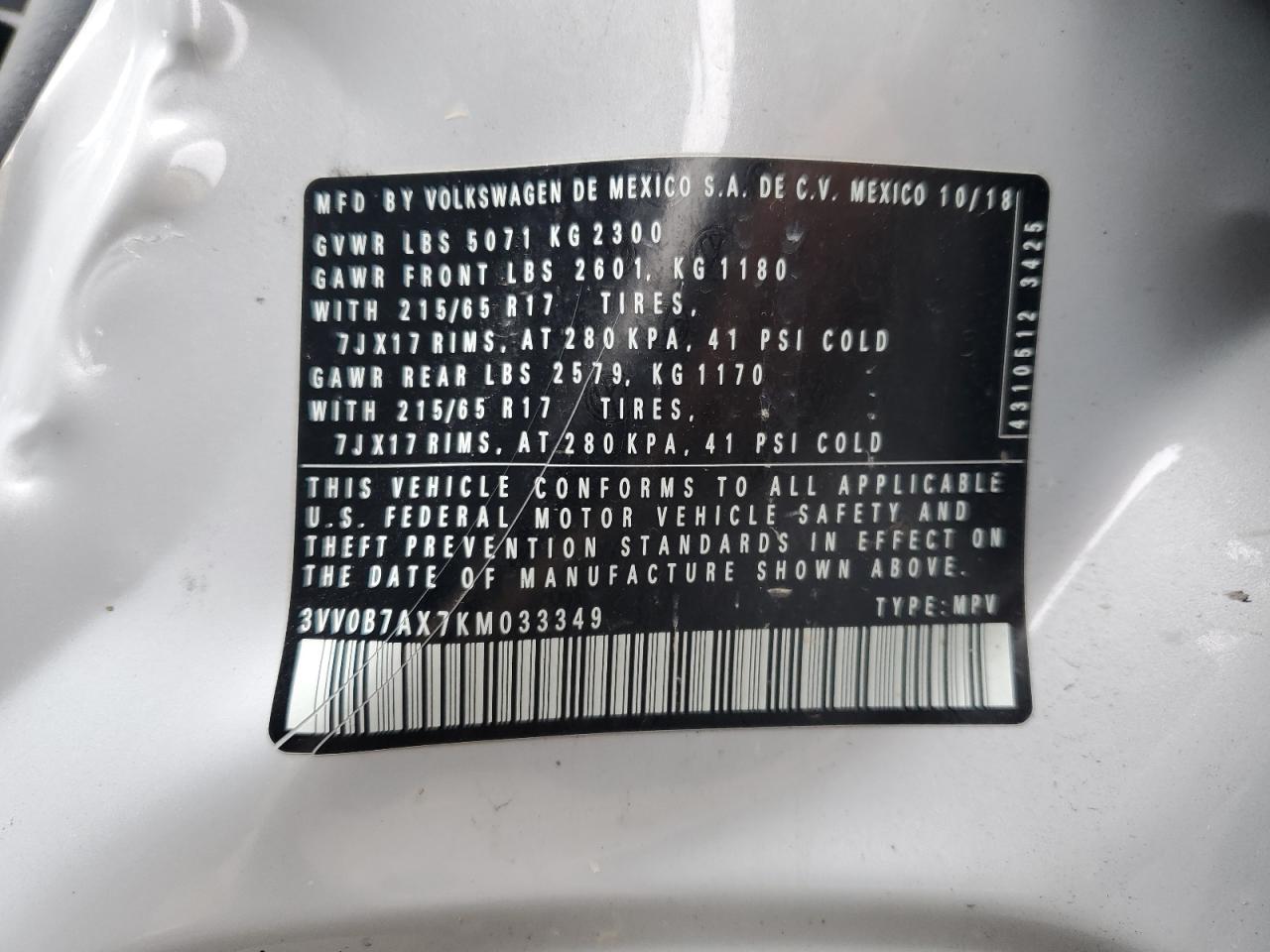 2019 Volkswagen Tiguan S VIN: 3VV0B7AX7KM033349 Lot: 93453065