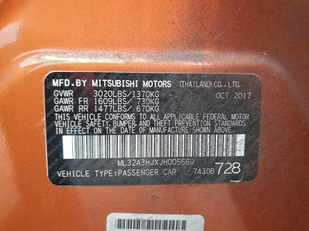 2018 Mitsubishi Mirage Es VIN: ML32A3HJXJH005569 Lot: 93116195