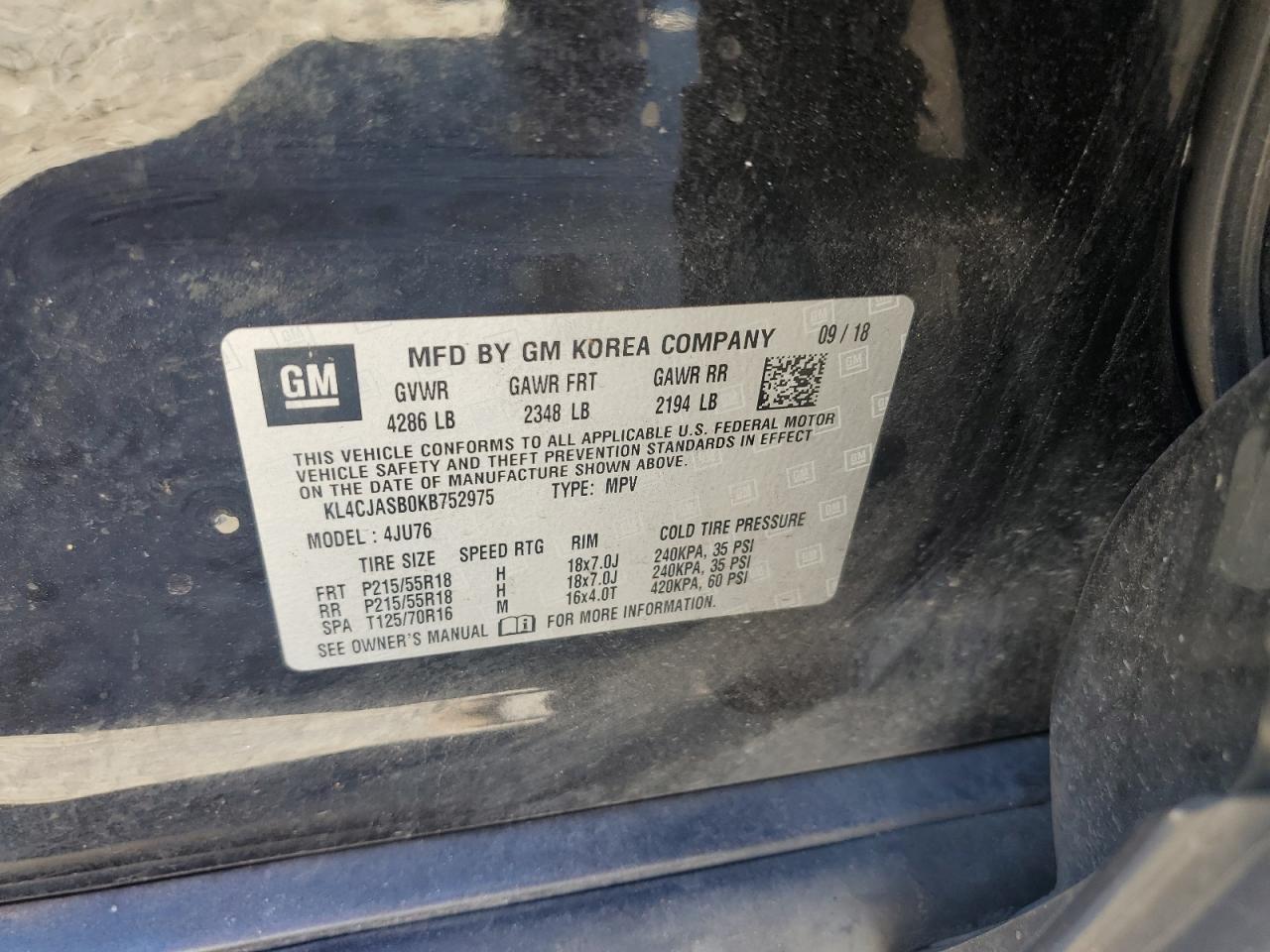 2019 Buick Encore Preferred VIN: KL4CJASB0KB752975 Lot: 90405935