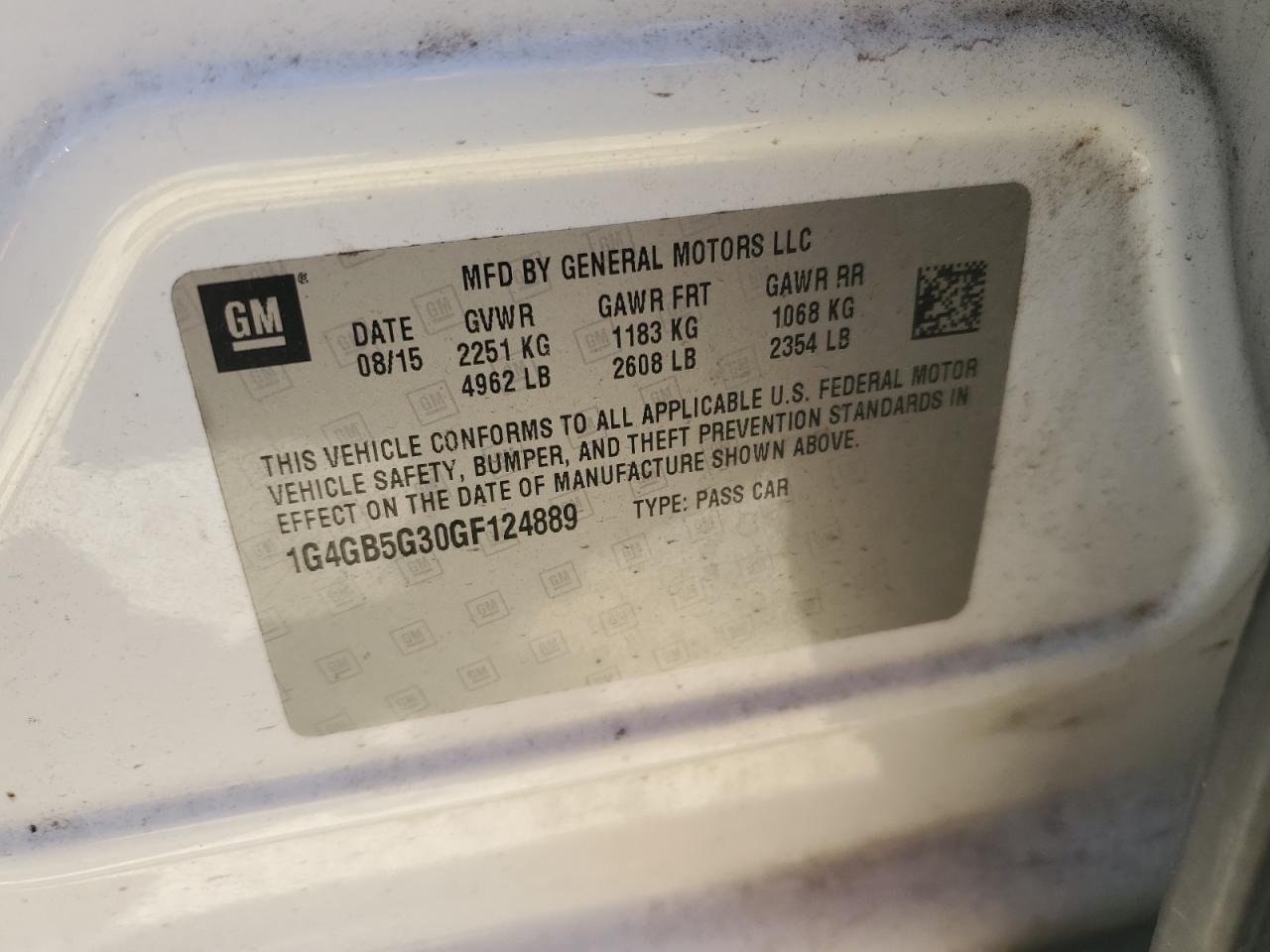 2016 Buick Lacrosse VIN: 1G4GB5G30GF124889 Lot: 92023395