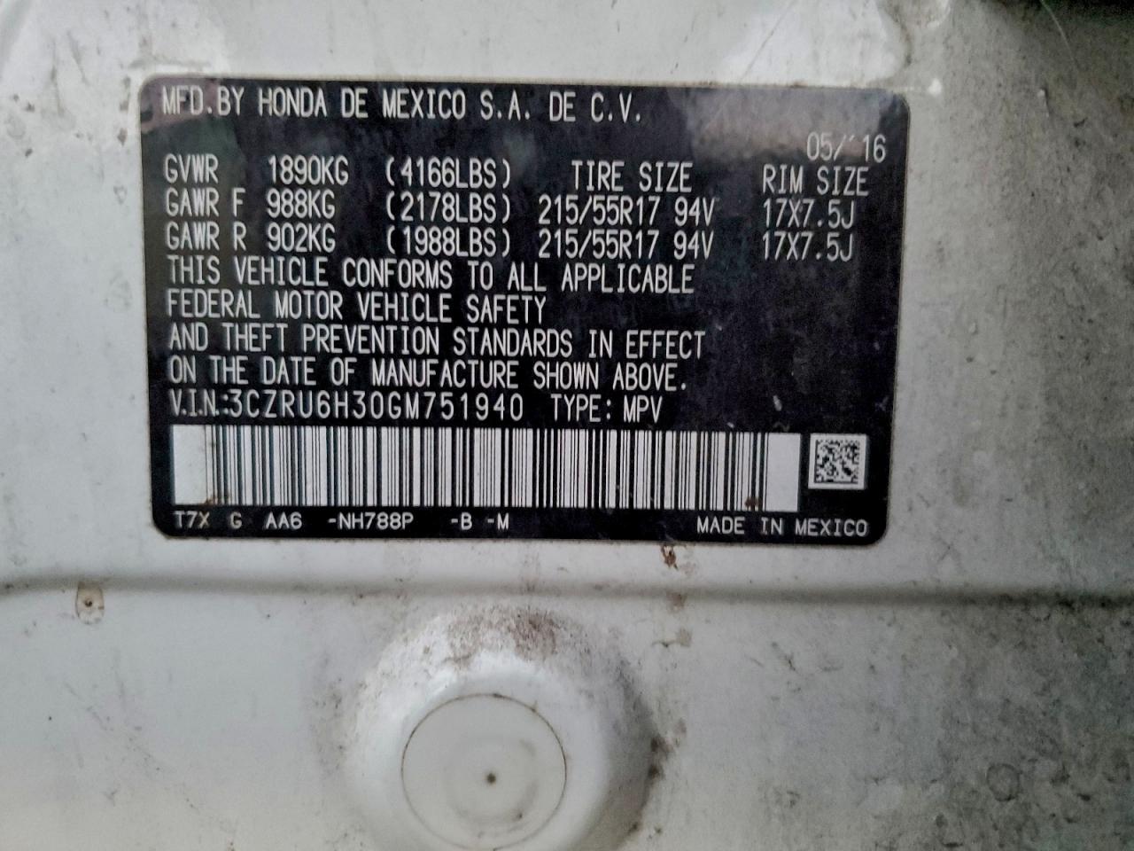 2016 Honda Hr-V Lx VIN: 3CZRU6H30GM751940 Lot: 93973425