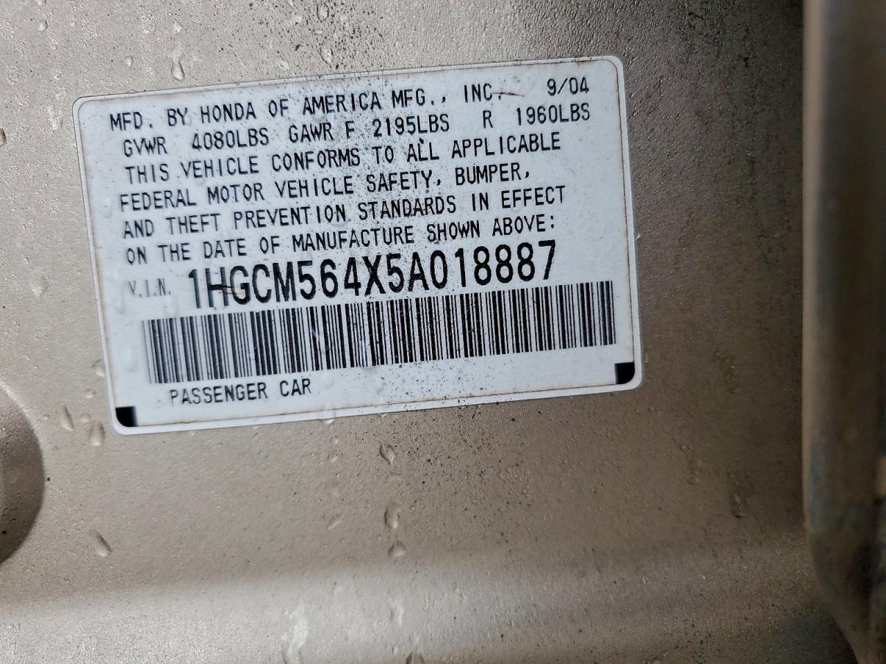 2005 Honda Accord Lx VIN: 1HGCM564X5A018887 Lot: 93938525