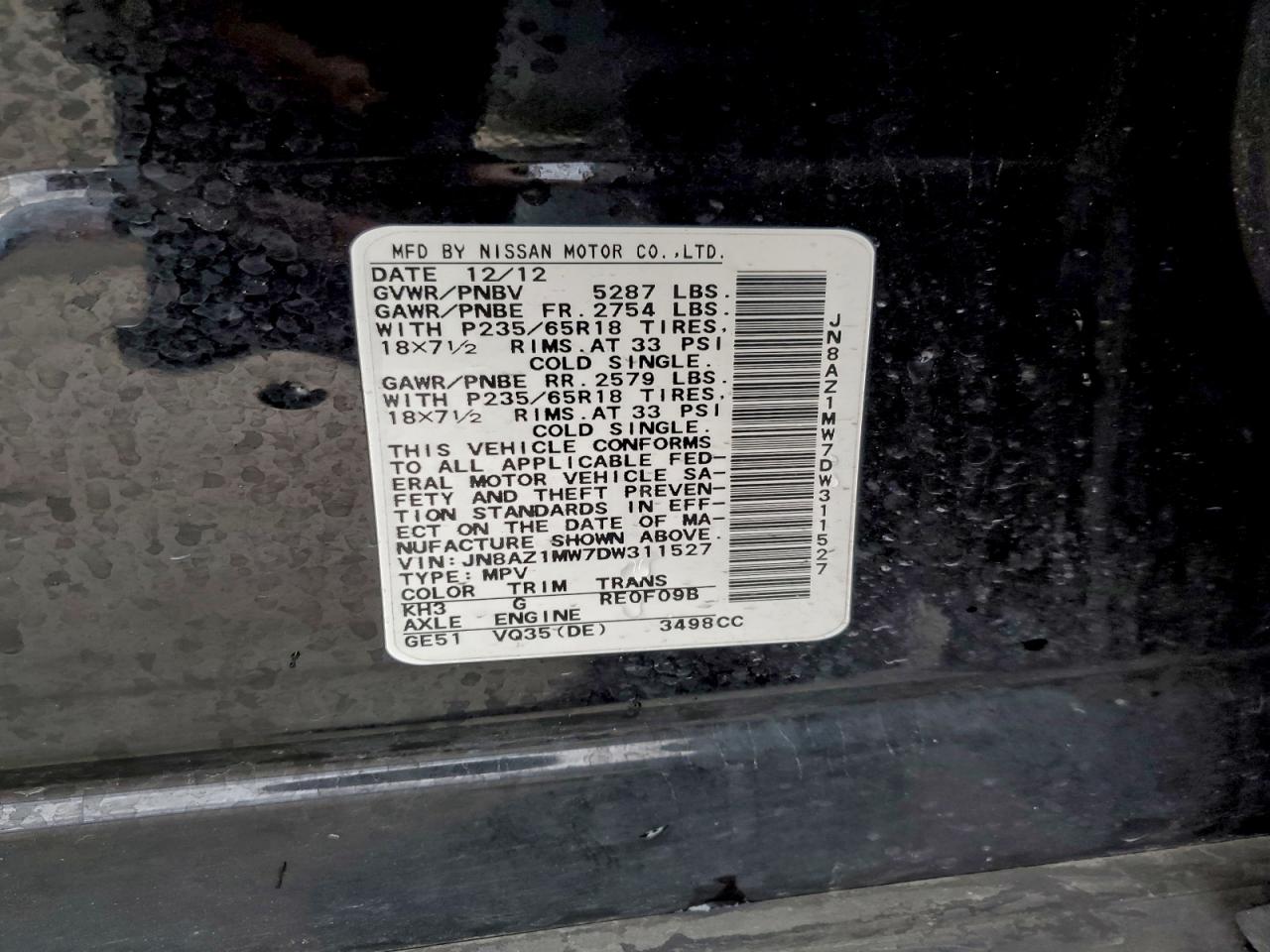 2013 Nissan Murano S VIN: JN8AZ1MW7DW311527 Lot: 93894985