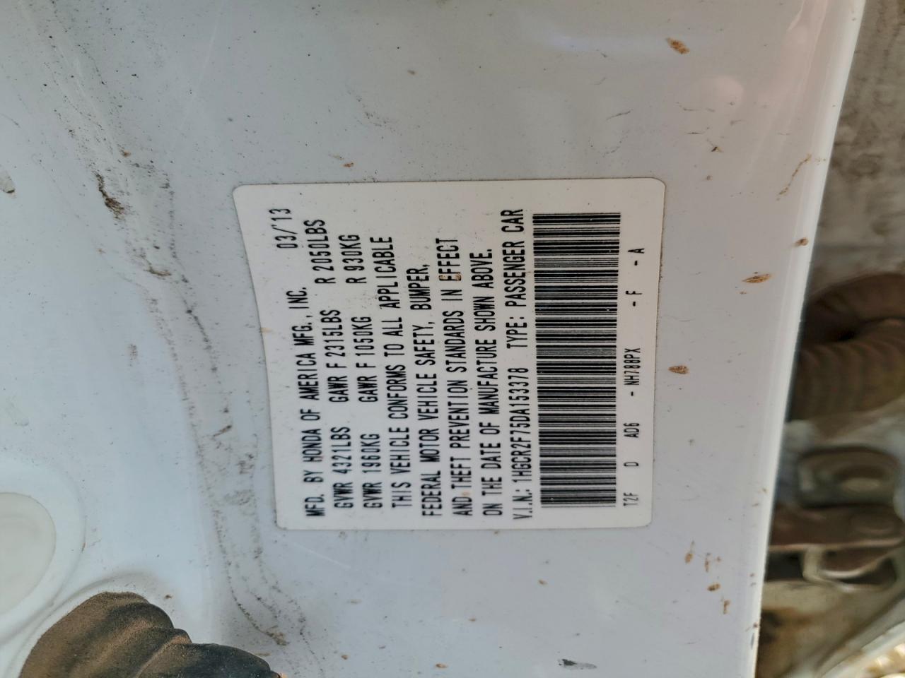 2013 Honda Accord Ex VIN: 1HGCR2F75DA153378 Lot: 93993635