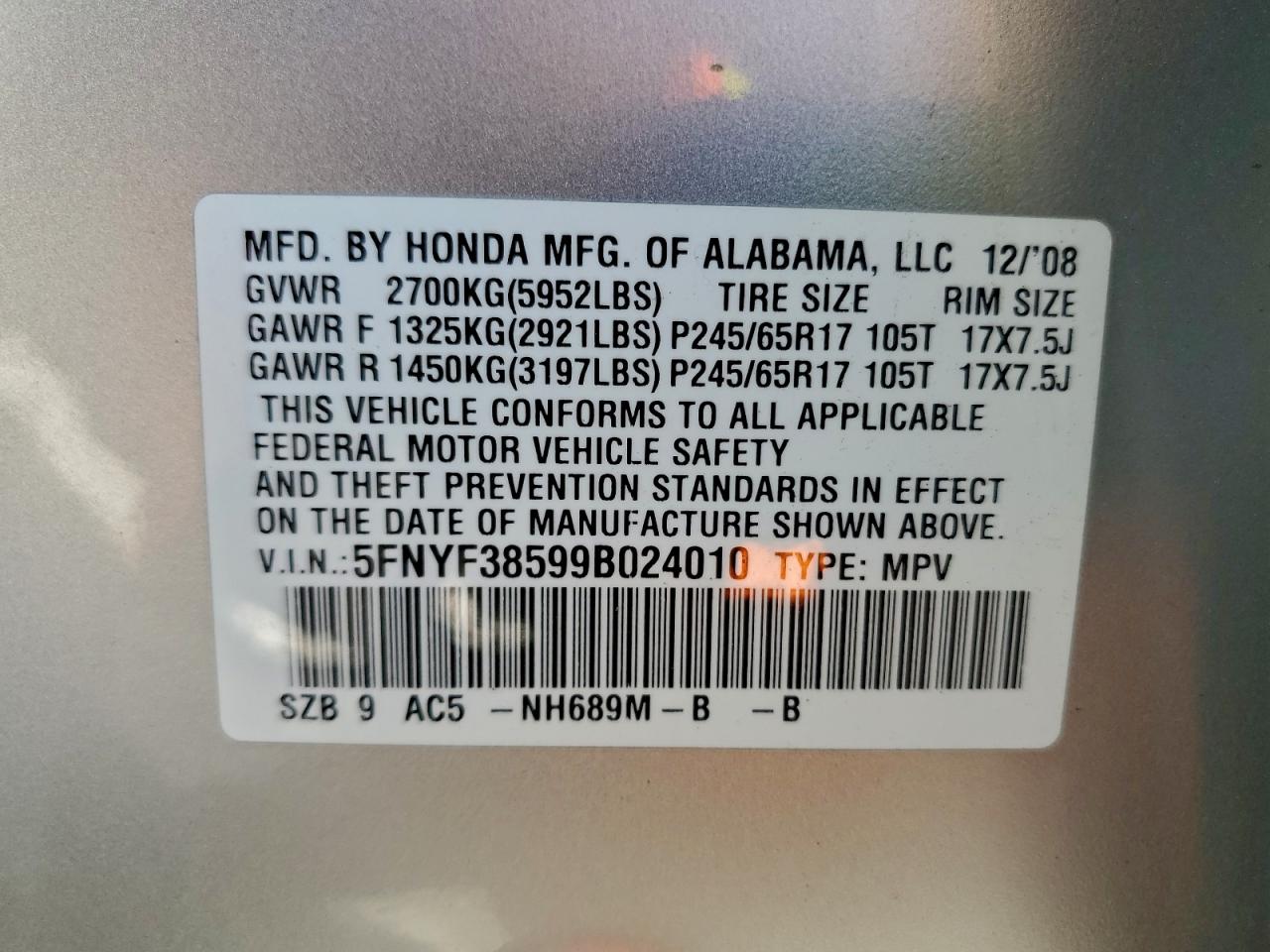 2009 Honda Pilot Exl VIN: 5FNYF38599B024010 Lot: 94340595