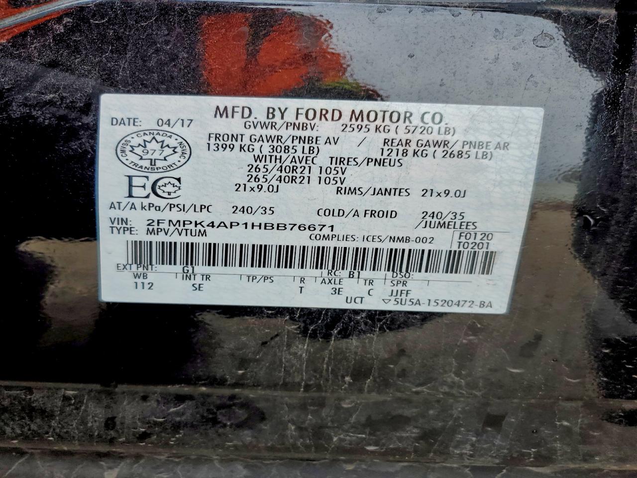 2017 Ford Edge Sport VIN: 2FMPK4AP1HBB76671 Lot: 94067255