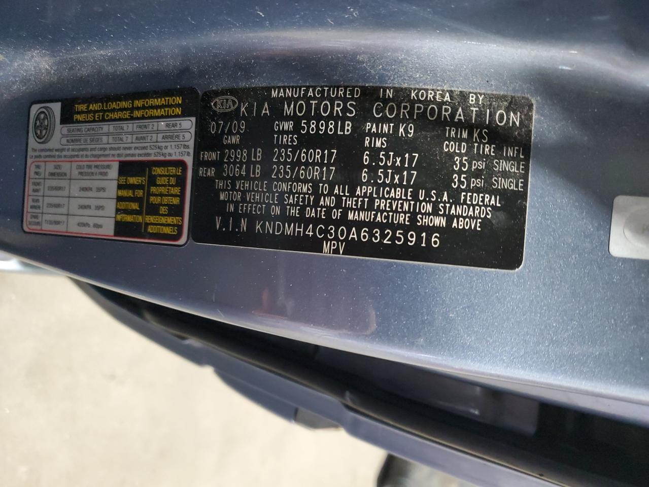 2010 Kia Sedona Ex VIN: KNDMH4C30A6325916 Lot: 93184525