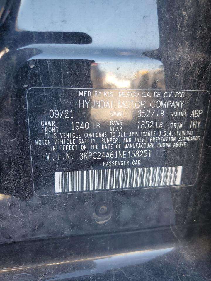 2022 Hyundai Accent Se VIN: 3KPC24A61NE158251 Lot: 92379065