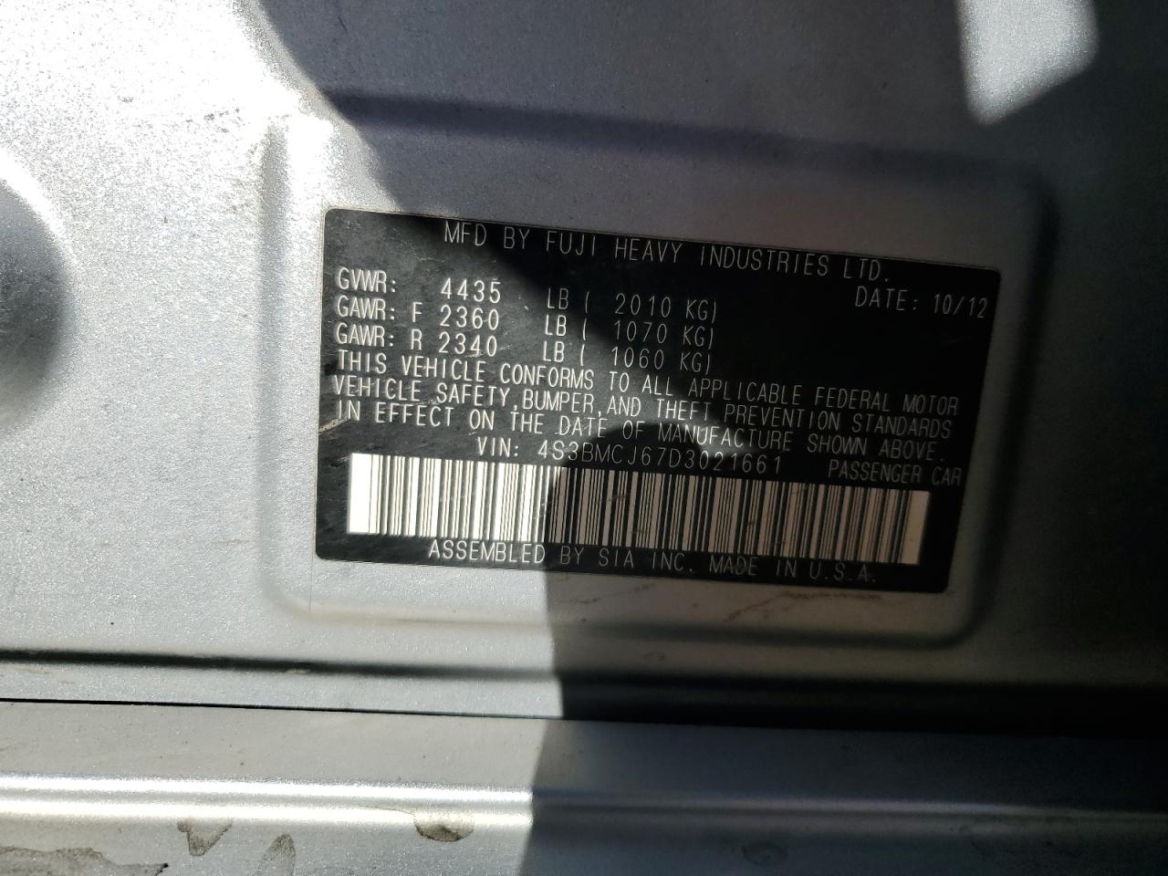 2013 Subaru Legacy 2.5I Limited VIN: 4S3BMCJ67D3021661 Lot: 93108735