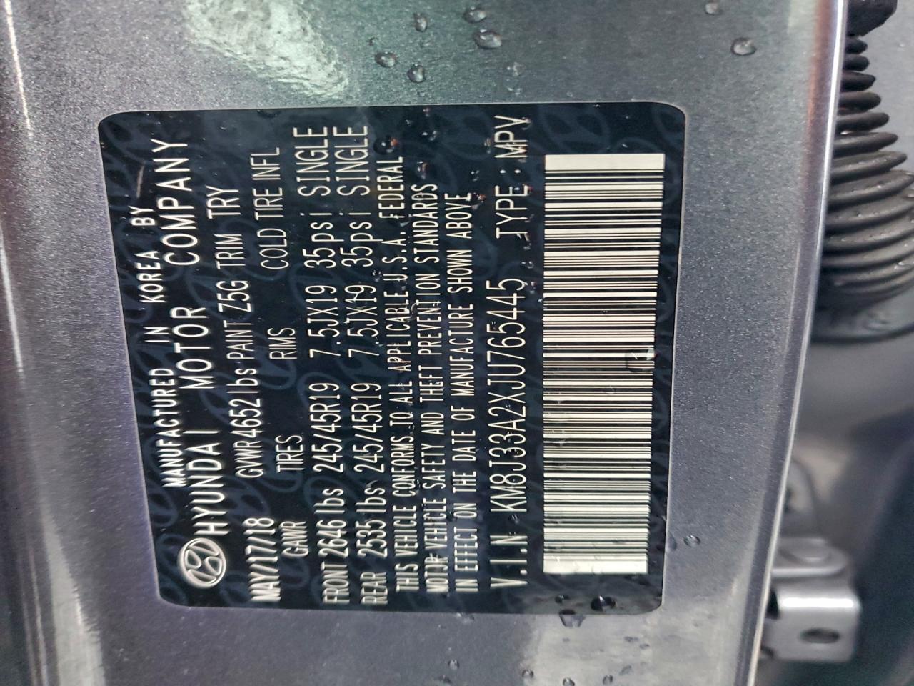 2018 Hyundai Tucson Value VIN: KM8J33A2XJU765445 Lot: 94648865