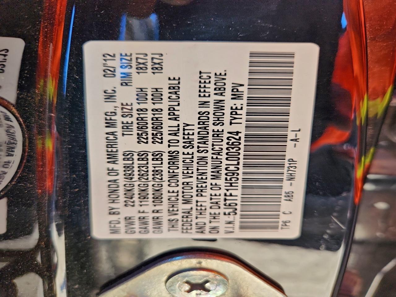 2012 Honda Crosstour Exl VIN: 5J6TF1H59CL003624 Lot: 94372925