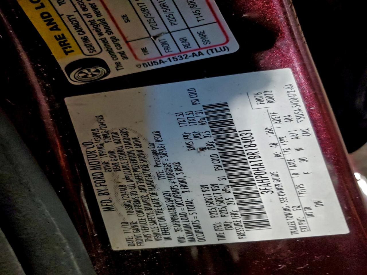 2011 Ford Fusion Se VIN: 3FAHP0HA1BR184031 Lot: 94237545